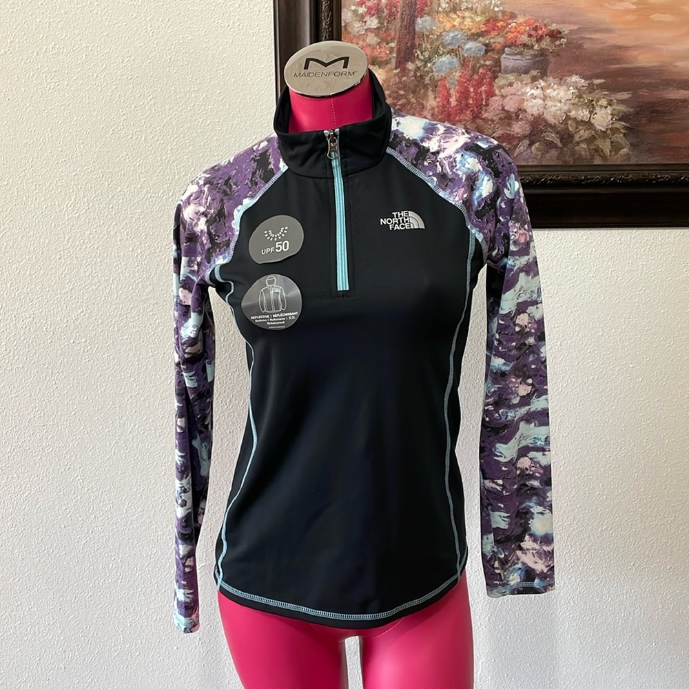 North Face G Pulse 1/4 Zip Pullover Shirt Black UPF 50 Reflective Thumb Holes Lg